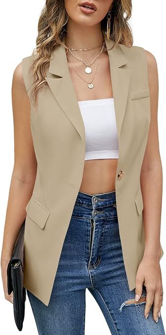 Teurkia Womens Sleeveless Single Breasted Blazer Casual Office Wear Vest Jacket | Amazon (US)