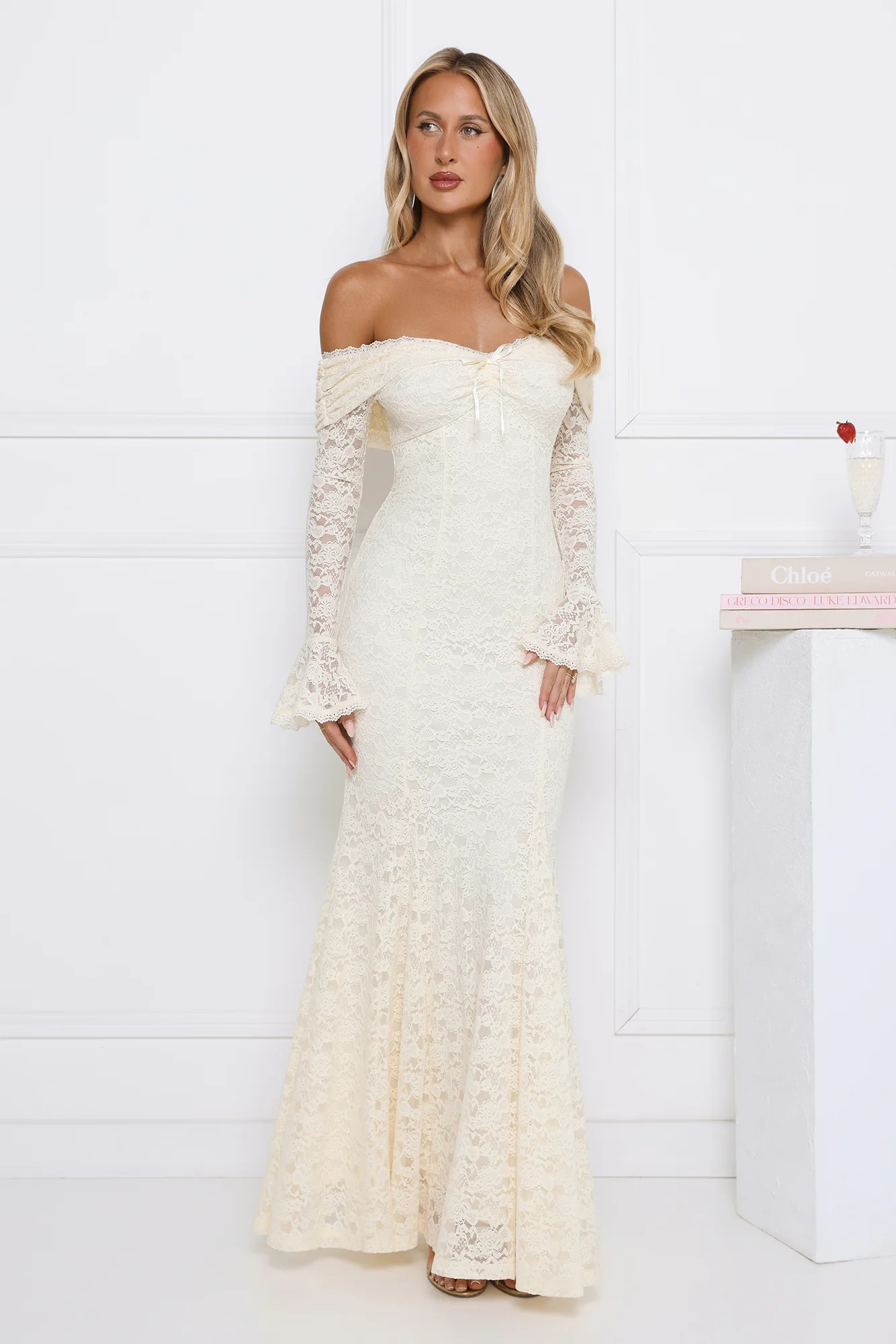 Laced Up Luxe Off Shoulder Maxi Dress Cream | Hello Molly (US)
