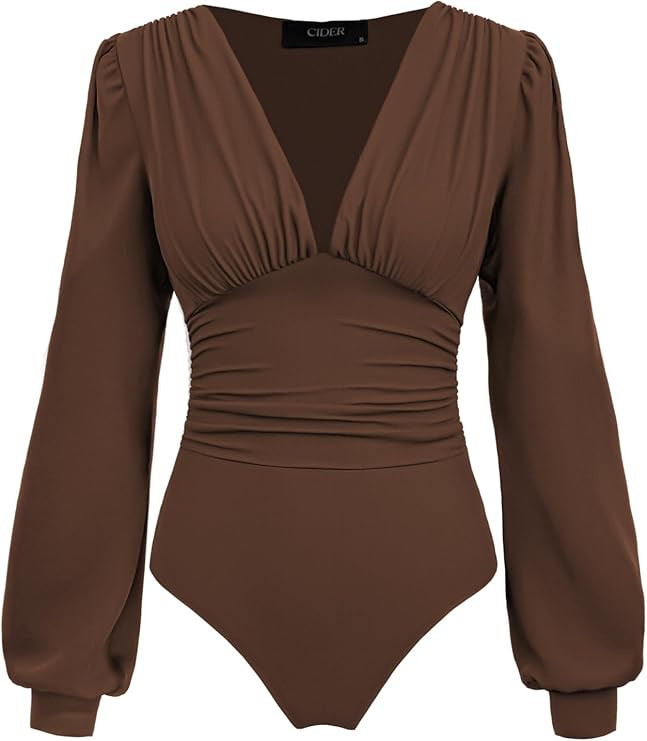 CIDER Long Sleeve Body Suits Womens V Neck Bodysuits Ruched Pleated Corset Bodysuit Leotard Trend... | Amazon (US)