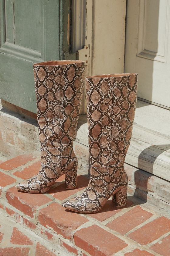 Katari Tan Snake Pointed-Toe Knee High Boots | Lulus (US)