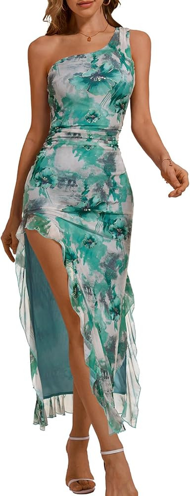 DRESSTELLS Women Formal Wedding Guest Long Cocktail Party One Shoulder Mesh Ruched Bodycon Maxi R... | Amazon (US)