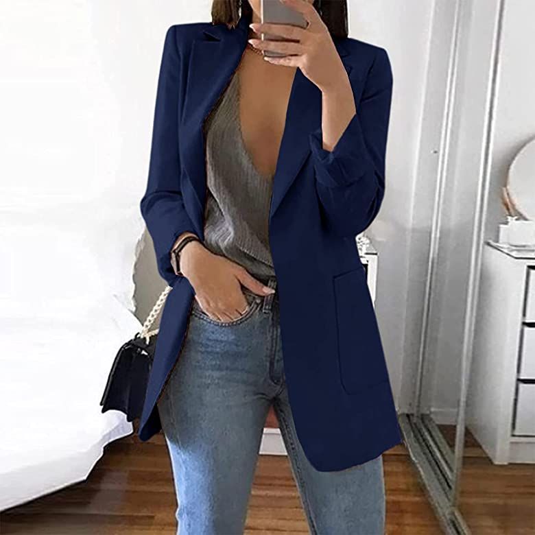 Cnkwei Womens Casual Blazers Open Front Long Sleeve Lapel Collar Work Office Jacket | Amazon (US)