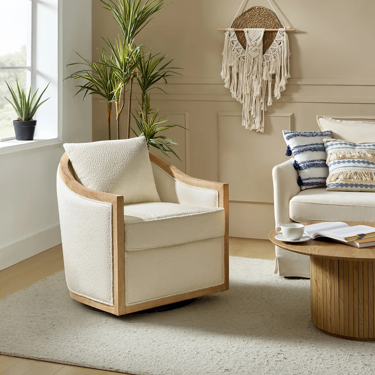Manja Jess Farmhouse Edging Swivel Barrel Chair with Toss Pillows | Wayfair North America