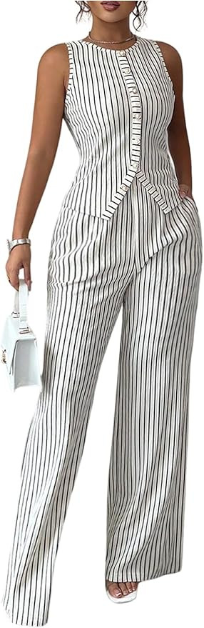 Verdusa Women's 2 Piece Business Casual Outfits Striped Button Up Sleeveless Tank Tops with Pants... | Amazon (US)