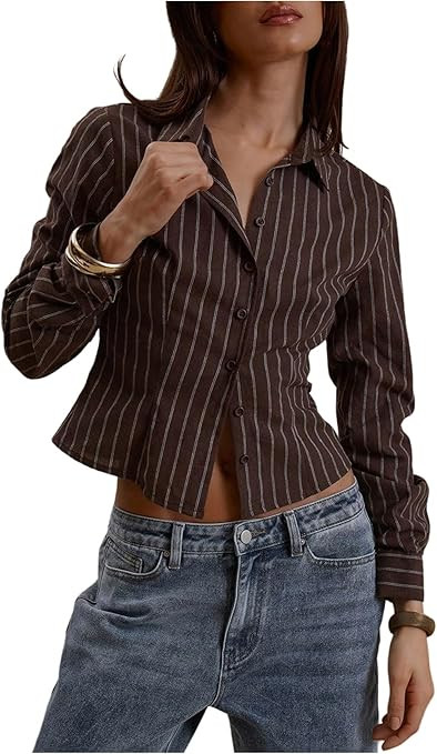 GORGLITTER Women's Striped Button Down Shirt Cropped Long Sleeve Collared Dressy Office Business ... | Amazon (US)