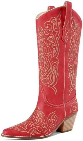 LOCERICH Women Knee High Boots Cowgirl Boots Cowboy Tall Boots Western Wide Calf Ladies Low Chunk... | Amazon (US)