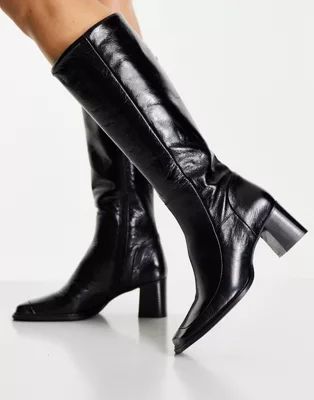 ASOS DESIGN Chamomile premium leather square toe knee boots in black | ASOS | ASOS (Global)