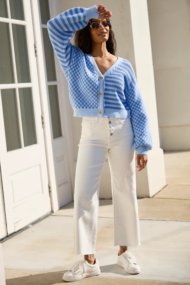 Samara Checkered And Stripes Blue Cardigan | Pink Lily