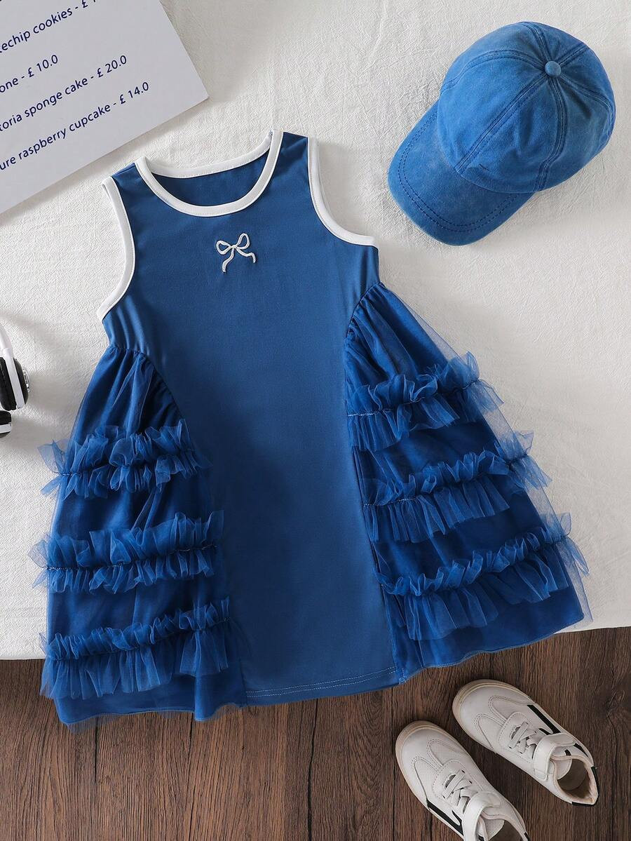 Genkimix Kids Young Girls Cute Mesh Patchwork Bow Sleeveless Dress | SHEIN