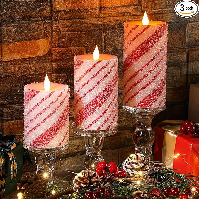 3 Pcs Candy Cane Stripe Flameless LED Candle (6 Inch) Christmas Candles with Red Glitter Stripe f... | Amazon (US)