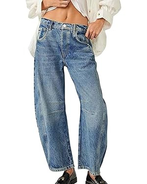 HUNGSON Women's Barrel Jeans Wide Leg Mid Rise Loose Y2k Baggy Boyfriend Jeans Denim Ankle Pants | Amazon (US)