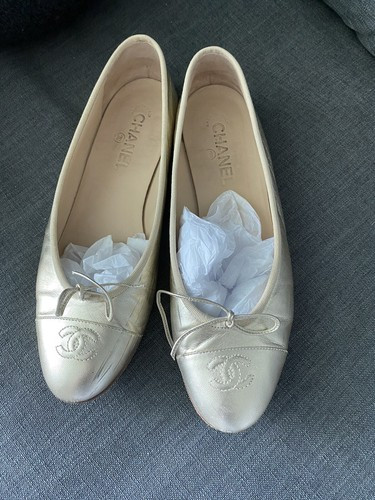 Chanel Light Gold Metallic CC Cap Toe Leather Ballet Flat Rare! 41 | eBay US