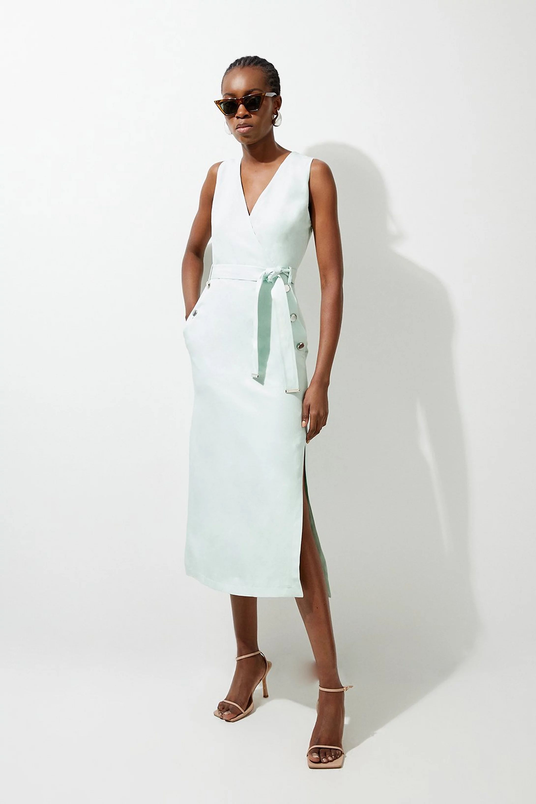 Premium Linen Tailored Button Detail Belted Midi Dress | Karen Millen UK + IE + DE + NL