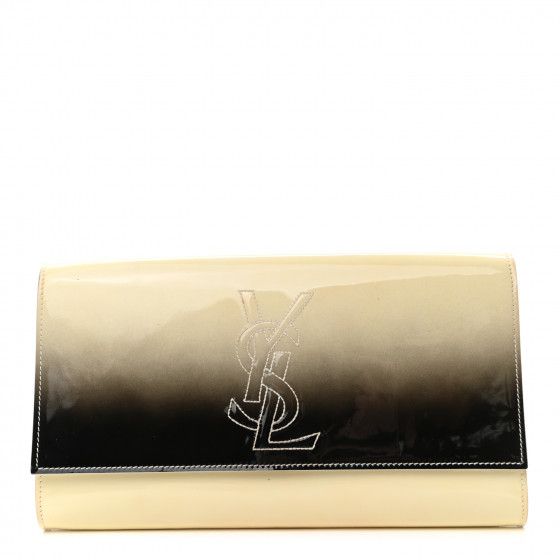 SAINT LAURENT Patent Calfskin Ombre Monogram Large Belle De Jour Clutch Ivory Black | Fashionphile