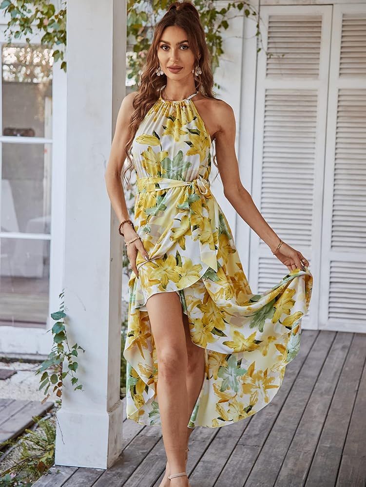 Fesier Women's Boho Halter Neck Floral Print Long Maxi Dress Sleeveless Split Ruffle Swing Beach Sun | Amazon (US)