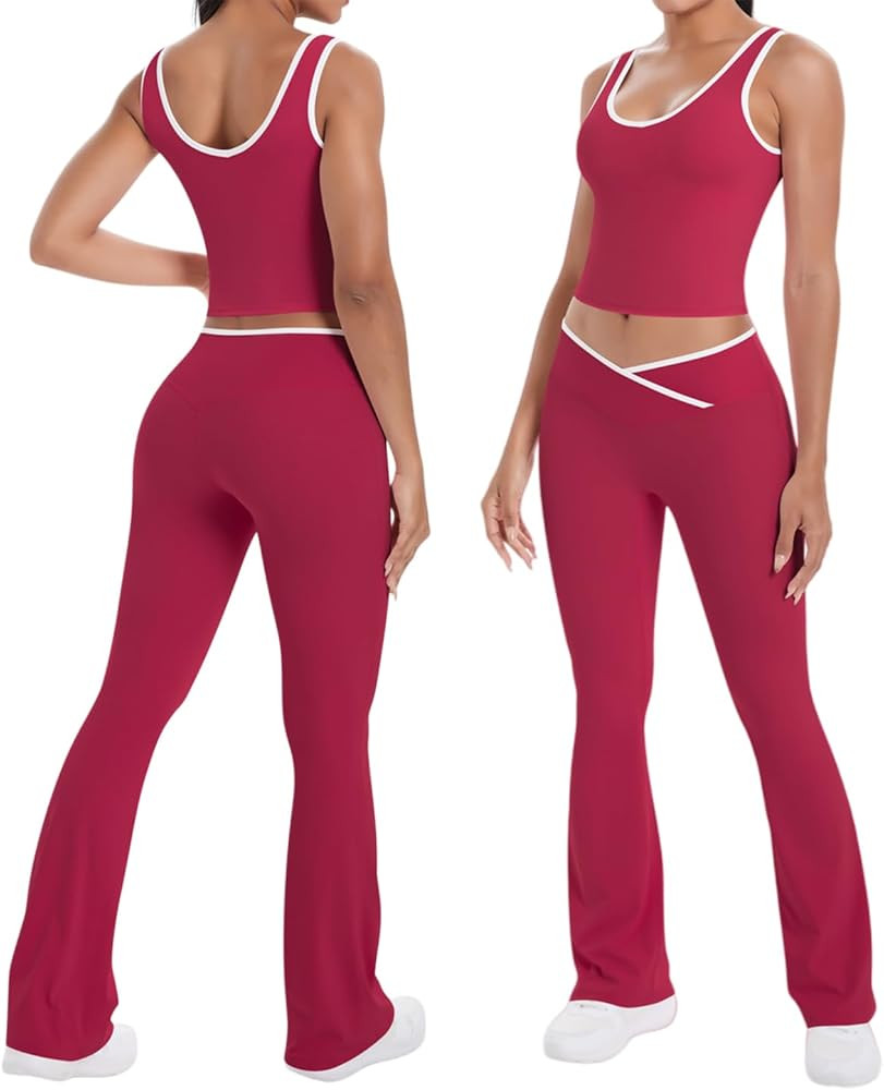 Womens Workout Sets 2 Piece Matching Gym Yoga Outfits Colorblock Crossover Flare Leggings Athleti... | Amazon (US)