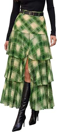 Wenrine Womens Mesh Maxi Skirt Polka Dot Front Split Tiered Plaid Skirts | Gingham,Polka Dot,Ligh... | Amazon (US)