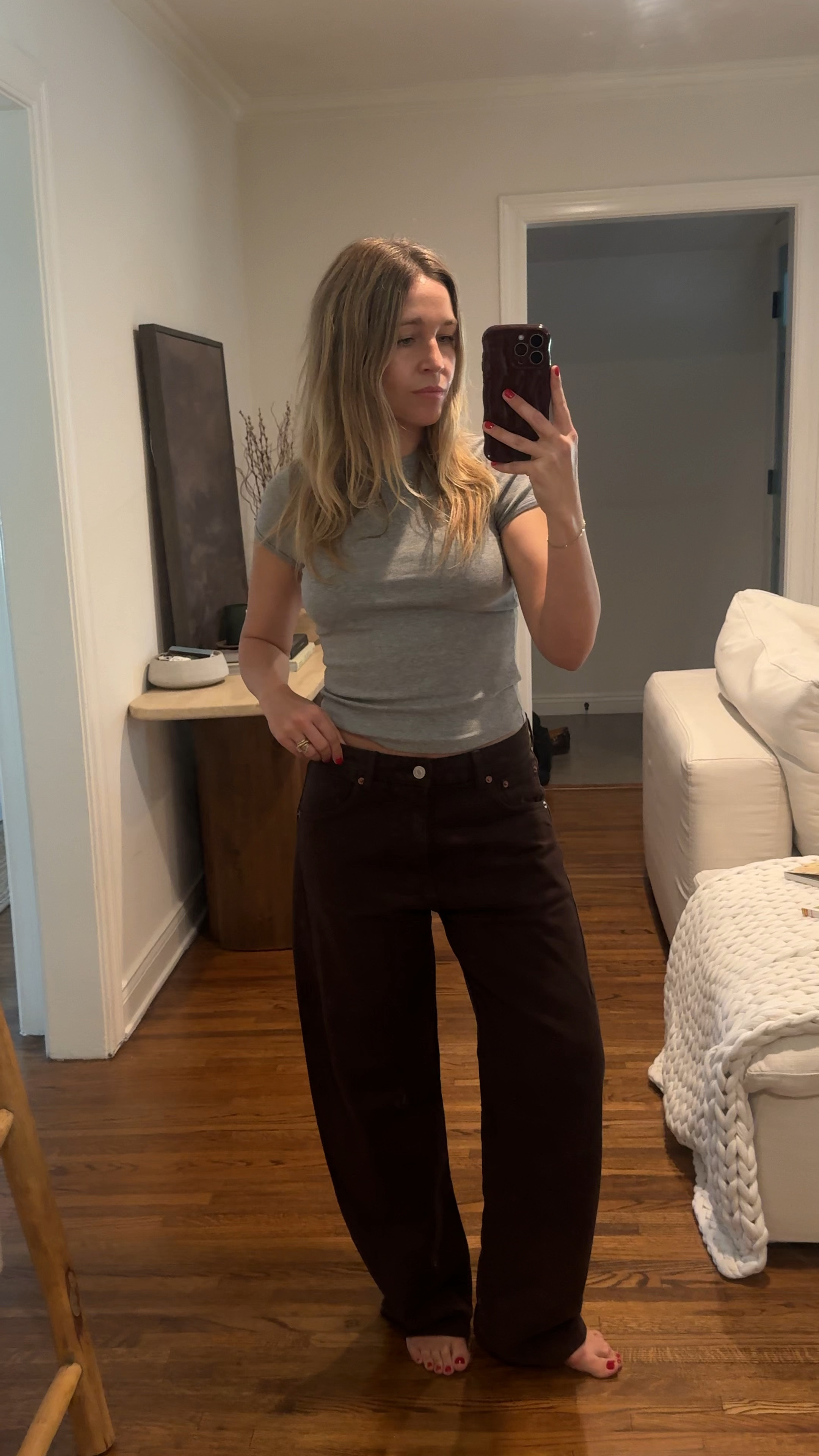 Brown low waist jeans with a slight barrel leg ; love these so much! 100% cotton, wearing size 6 🤎

#LTKStyleTip #LTKSaleAlert #LTKFindsUnder100