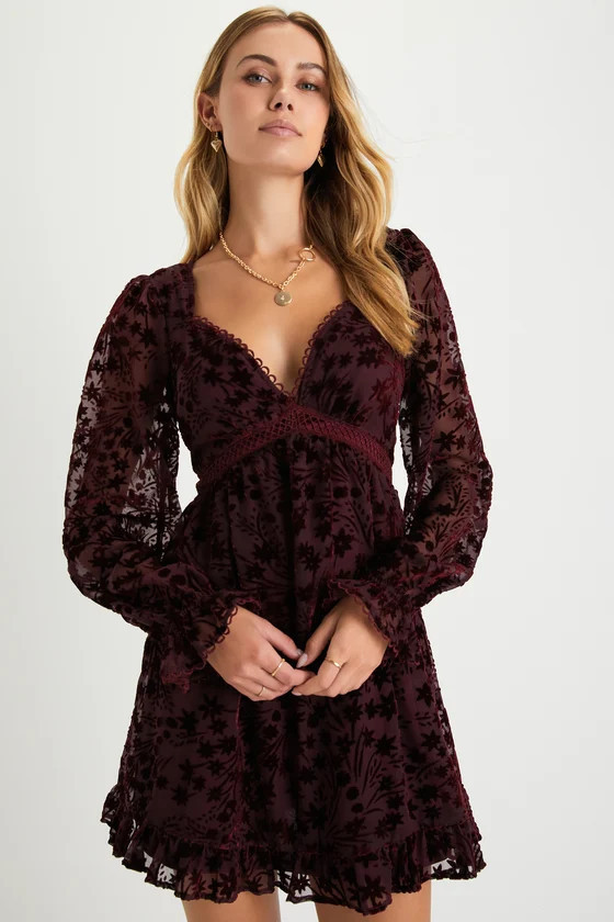 Charming Favorite Burgundy Burnout Velvet Babydoll Mini Dress | Lulus