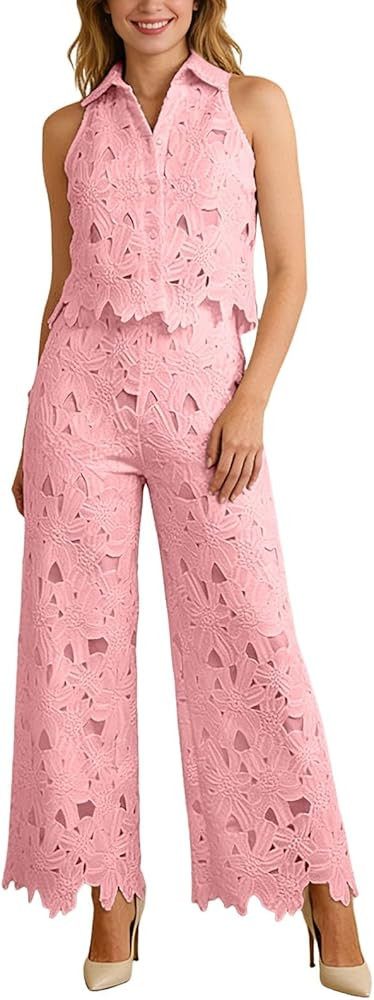 Travel Sets For Women 2 Piece Summer Two Piece Outfits Lapel V Neck Lace Sleeveless Cropped Top A... | Amazon (US)