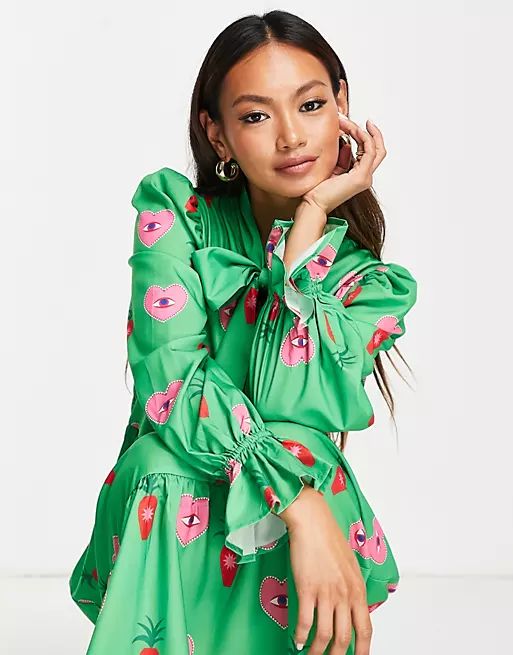 Never Fully Dressed heart print smock maxi dress in emerald green | ASOS | ASOS (Global)