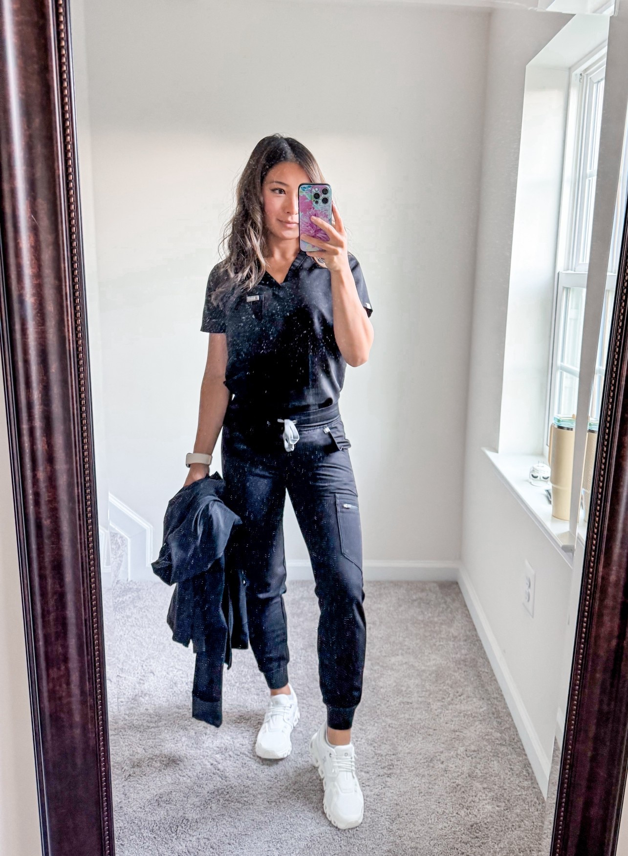 Figs / fabletics scrubs— 
XS tops
XXS petite bottoms

On running shoes- cloud 6 size 5!