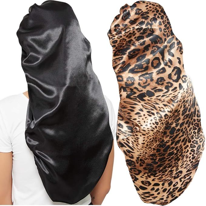 2 Pcs Hair Bonnets for Women Satin, Black Leopard Soft Elastic Band Silky Sleeping Cap Big Bonnet... | Amazon (US)