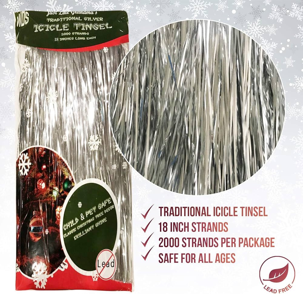 Amazon.com: Premium Icicle Tinsel Strands for Christmas Tree - 2000 Old-Fashioned Silver Icicles ... | Amazon (US)