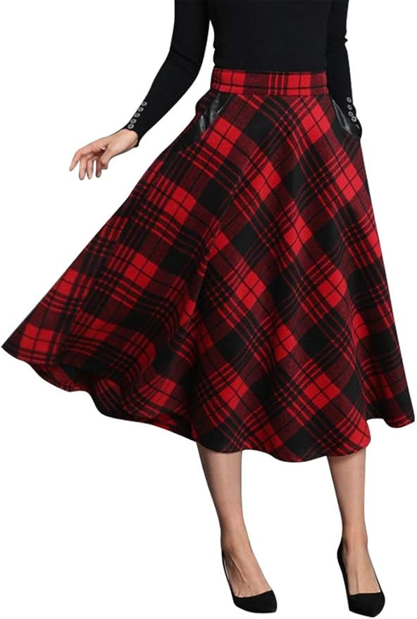 IDEALSANXUN Womens Plaid Wool Skirts Elastic Waist A-Line Pleated Tartan Long Skirts | Amazon (US)