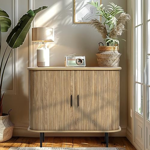 LuxenHome Buffet Cabinet with Storage, Mid Century Modern Sideboard Storage Cabinet, 35" Accent Cabinet with Shelves, Coffee Bar Cabinet with Slatted Sliding Door for Living Room, Kitchen, Entryway | Amazon (US)