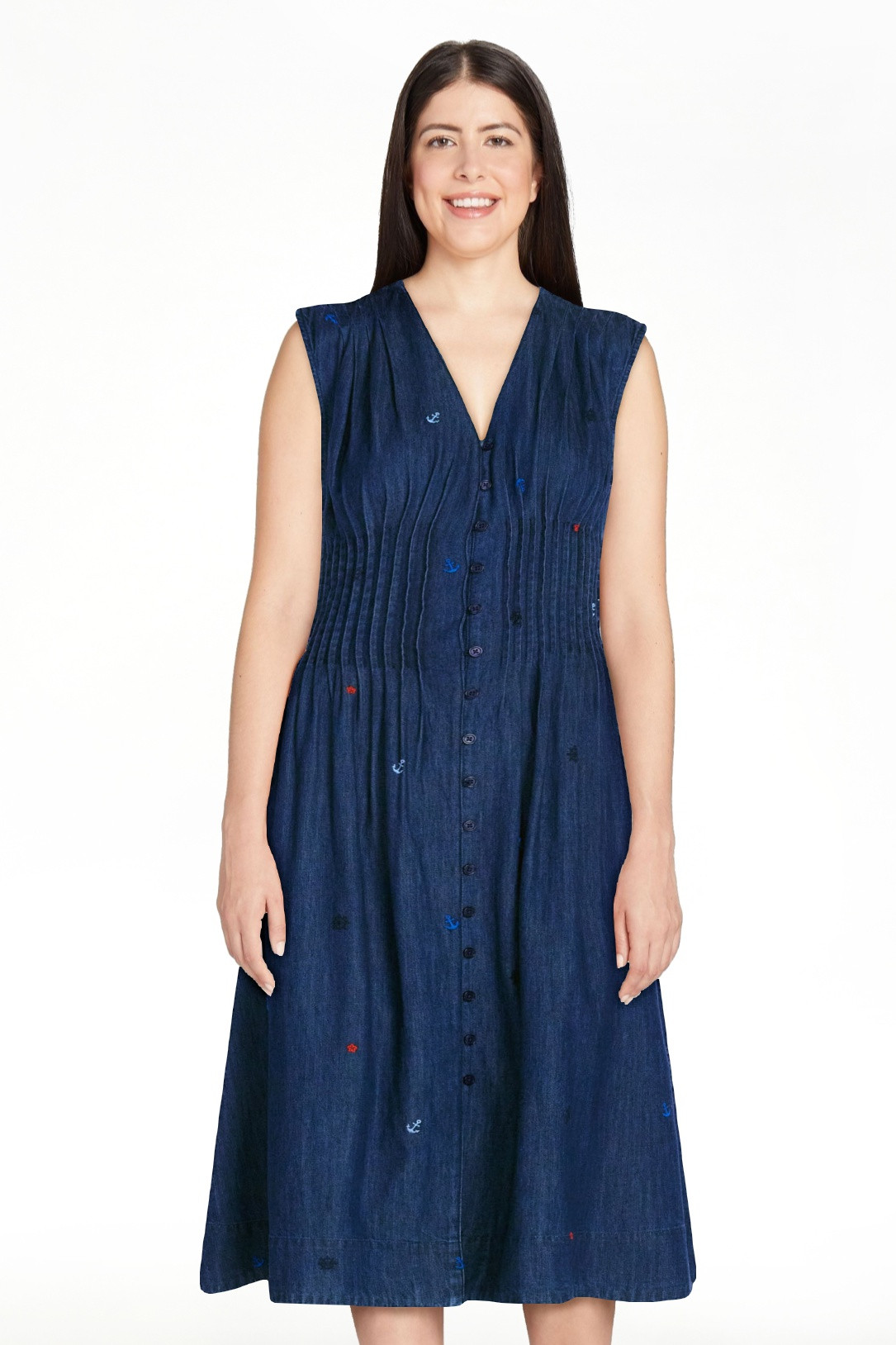 Free Assembly Women's Sleeveless Embroidered Denim V-Neck Midi Dress, Sizes XS-4X | Walmart (US)