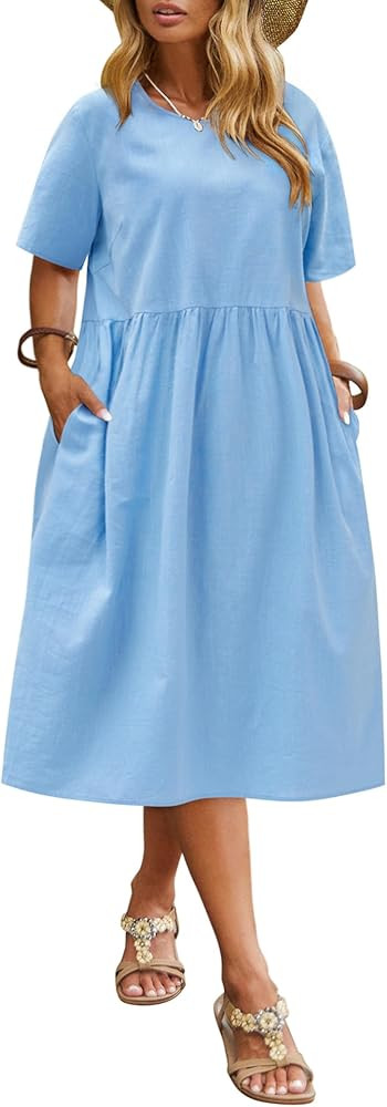 IN'VOLAND Plus Size Cotton Linen Dresses for Women Short Sleeve Summer Midi Dress with Pockets | Amazon (US)