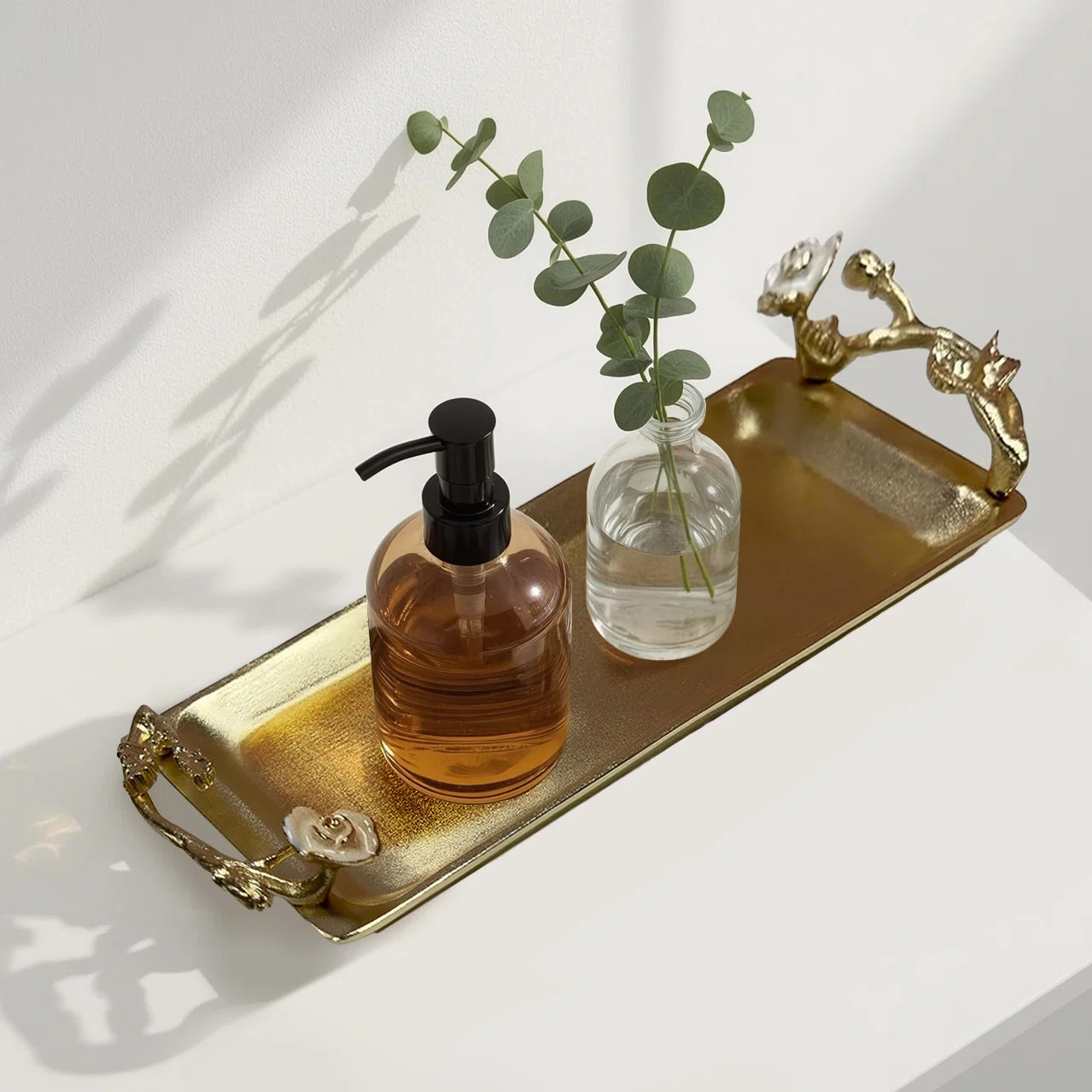 Enamelled Rose Collection Rectangular Vanity marble Tray with Brass Coating Elegant Bathroom & Ch... | Wayfair North America