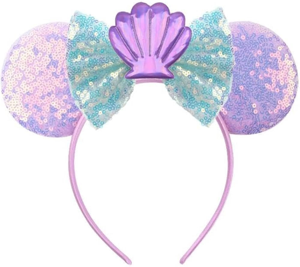 JIAHANG Mermaid Mouse Ears Headband with Sequin Bow, Sea shell Hair Band Party Decoration Headwea... | Amazon (US)
