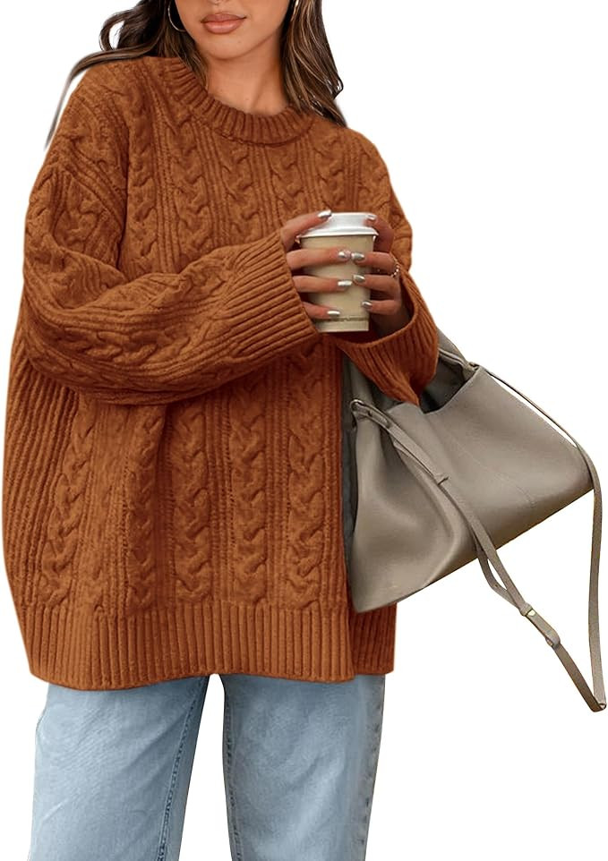 Okiwam Women's Oversized Sweaters Crewneck Cable Knit Pullover Casual Loose Fall Outfits Fashion ... | Amazon (US)