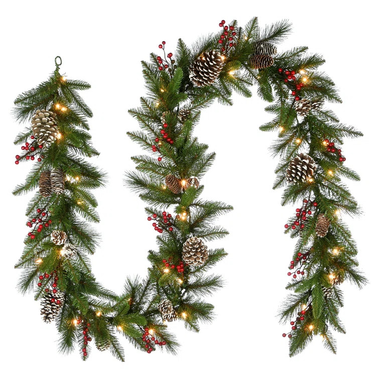 9' Bristle Berry Pine Pre-Lit Garland with 50 White Lights | Wayfair Professional
