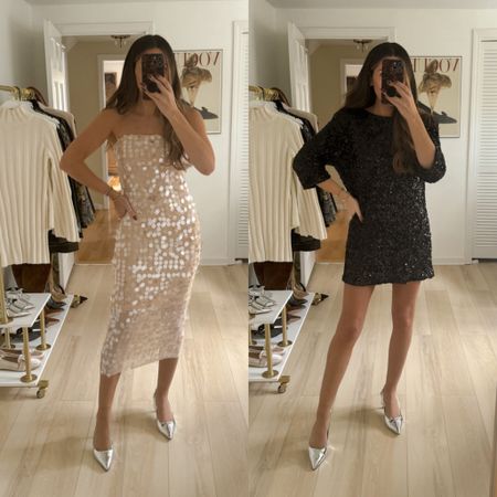 Two holiday party outfits that are perfect for Christmas parties and new years (wearing size small in the neutral sequin + size 4 in the mini black sequin dress)

New years outfits | party outfits | holiday style | holiday dresses | sequin dresses | sequin | sparkle dress | birthday dresses | new years style 

#LTKHoliday #LTKparties #LTKstyletip