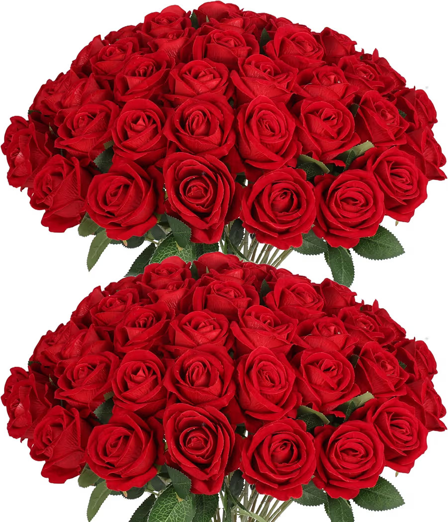 50 PCS Fake Red Roses, Artificial Red Flowers Bulk Realistic Silk Faux Rose with Stems for Weddin... | Amazon (US)