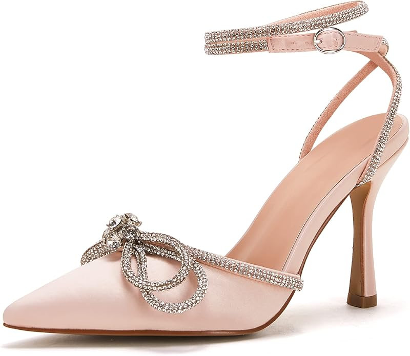 TINSTREE Women's Rhinestone Ankle Strap Heeled Sandals Satin Pointy Toe Stilettos High Heels Pump... | Amazon (US)