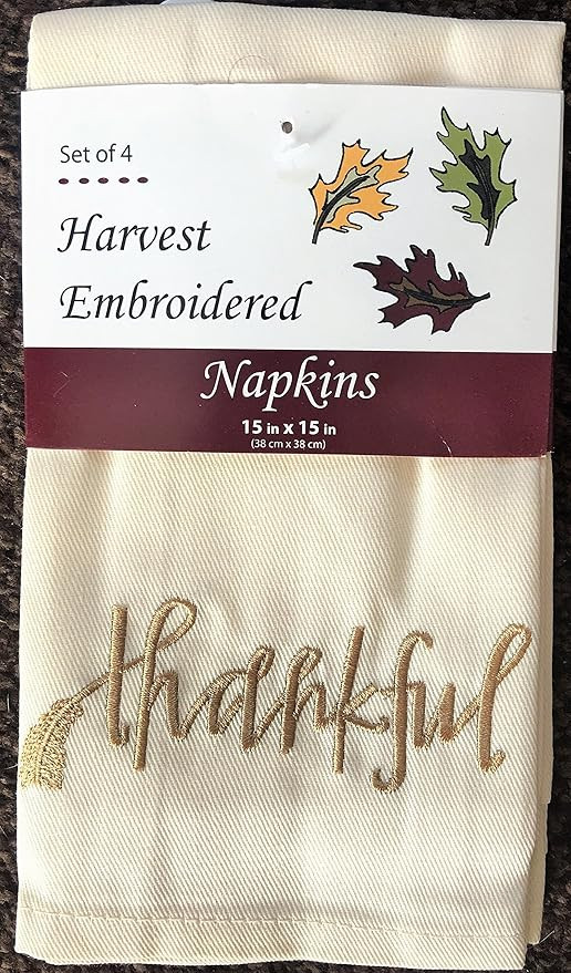 Harvest Embroidered Cloth Napkins Set of 4 Fall Thanksgiving Ivory Color with Embroidered "Thankf... | Amazon (US)