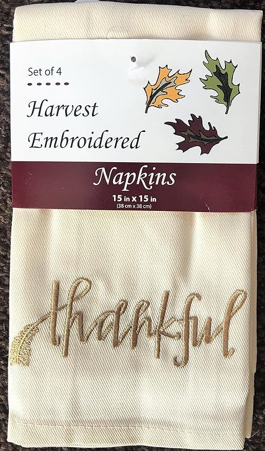 Harvest Embroidered Cloth Napkins Set of 4 Fall Thanksgiving Ivory Color with Embroidered "Thankf... | Amazon (US)
