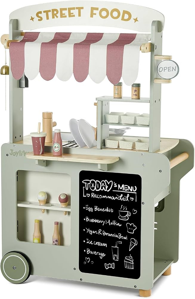 Wooden Food Cart, Kitchen Playset 50-Piece Toddler Pretend Play Grocery Store with Sink and Ice M... | Amazon (US)