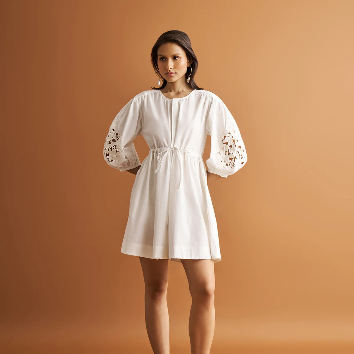 Shirt Dress with Balloon Sleeves in White | Reistor