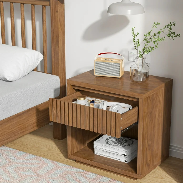 Nightstand with Drawer, Mid Century Nightstands with Open Storage Shelf, Wood Bedside Table | Walmart (US)