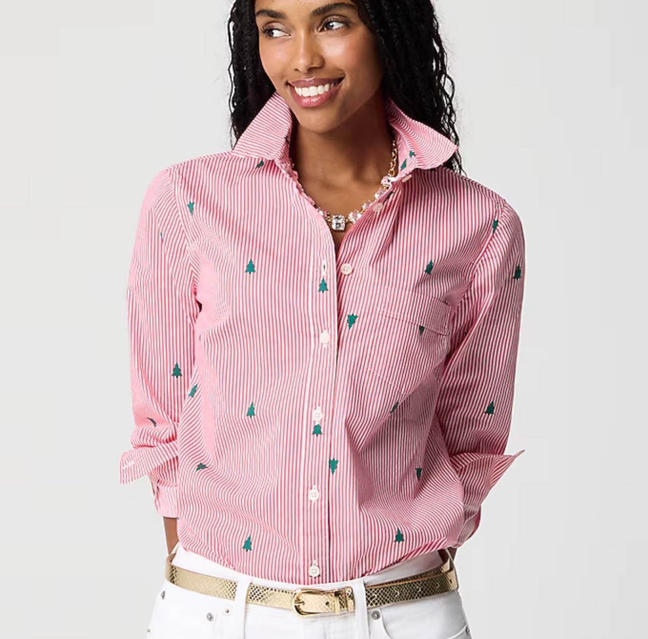Striped Holiday Button-Up Shirt 🎄💖

The cutest festive button-up for the season! This pink-and-white striped poplin shirt is sprinkled with tiny embroidered Christmas trees — subtle, classic, and perfect for holiday outfits without feeling over the top. Dress it up with a sparkly necklace or keep it casual with jeans… it works for school events, workwear, cookie swaps, or family photos. Such a polished + playful piece for December! 🎁✨

holiday button-up shirt, j.crew factory christmas shirt, striped holiday top, embroidered tree shirt, festive workwear, pink christmas outfit, classic holiday style, winter wardrobe staples, merry & bright outfit

#LTKCyberWeek #LTKHoliday #LTKWorkwear