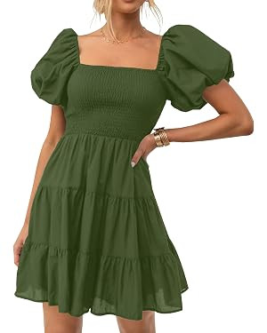 ZESICA Women's Boho 2026 Summer Square Neck Puff Sleeve Off Shoulder Smocked Tiered Casual A Line... | Amazon (US)