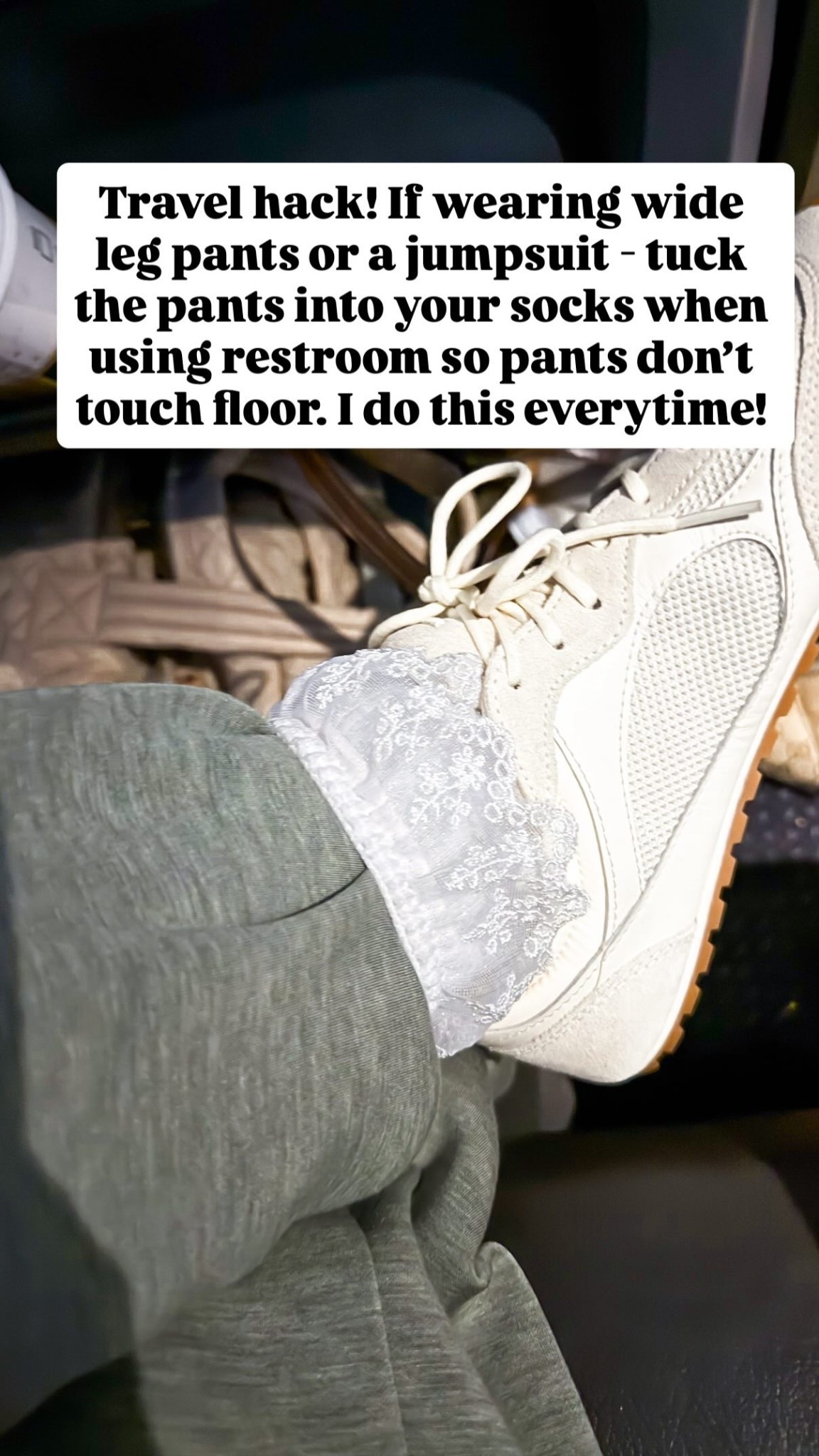 Travel hack! If wearing wide leg pants or a jumpsuit - tuck the pants into your socks when using restroom so pants don’t touch floor. I do this everytime!