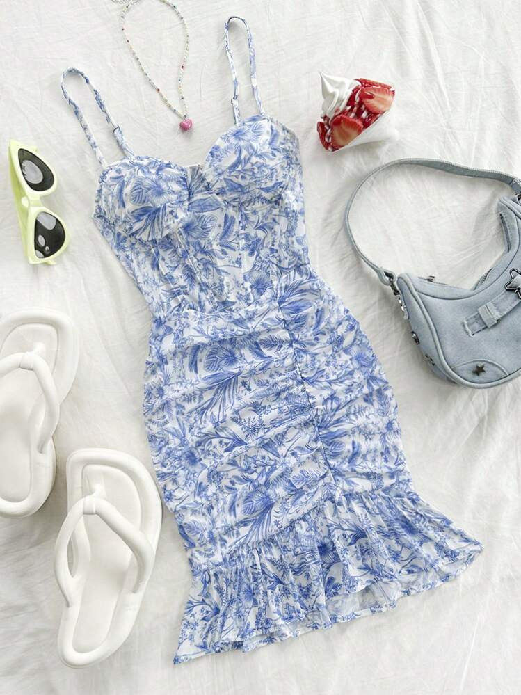 TendenzequalitySoleia Abito Vintage A Fascia Floreale Blu E Bianco Con Coppe | SHEIN