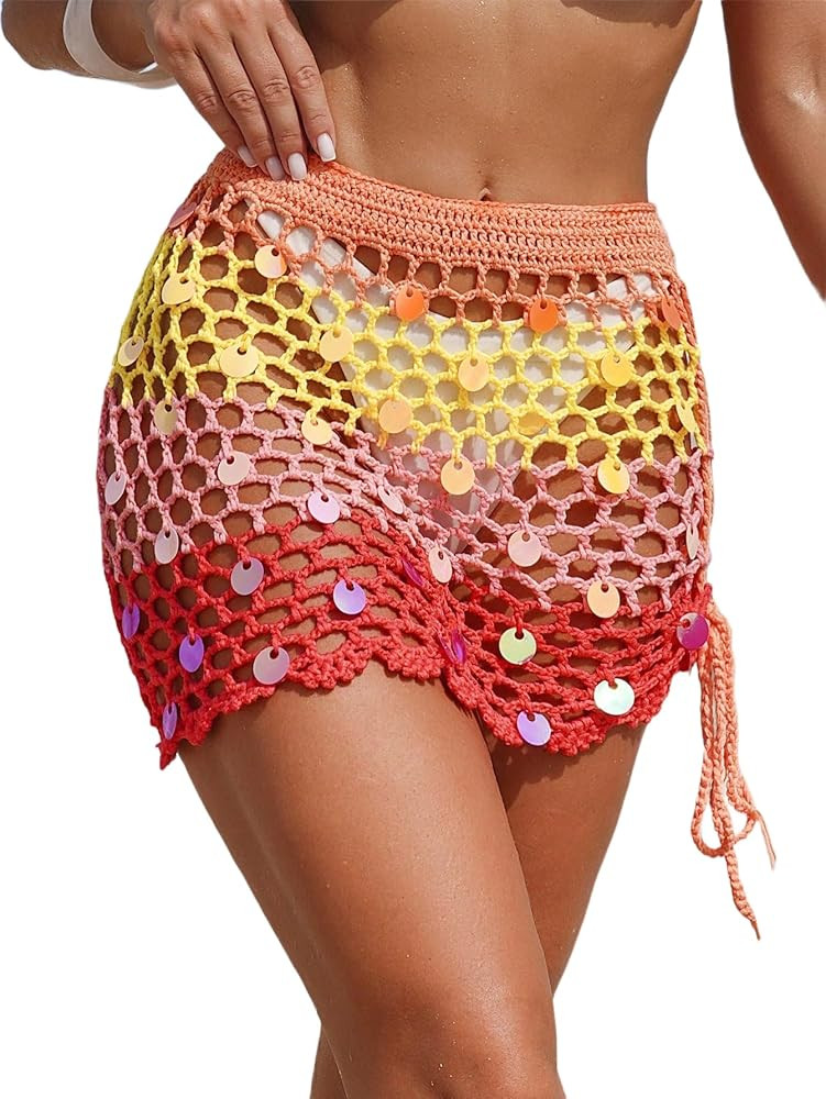 Women's Pure hand Crochet Hollow Out Shell Khaki Swimwear Swimsuit Cover Up Beach Skirt.(SJJ71) | Amazon (US)