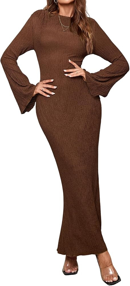 Women Fall Long Sleeve Bodycon Maxi Dress Crew Neck Long Dresses Elegant Cocktail Formal Wedding ... | Amazon (US)